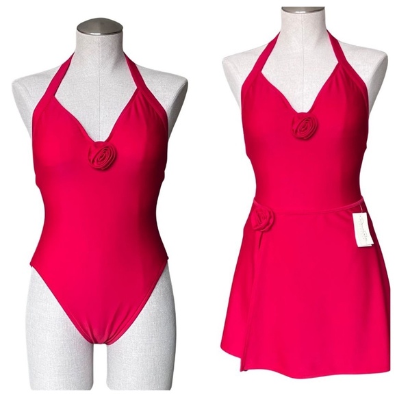 Oscar De La Renta Red Swimsuit Size 10 With Matching Cover-Up Mini Skirt S/M NWT - Picture 3 of 12